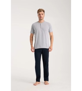 pilelistore- Erkek Gri Düğmeli Yaka Kısa Kol Pijama Takımı
