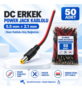 50 Adet DC Erkek Power Jack Kablolu 5.5x2.1mm – CCTV Güvenlik Kamera Adaptör Güç Bağlantı Kablosu