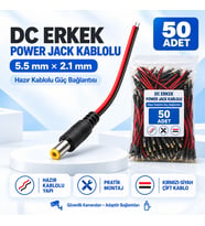 50 Adet DC Erkek Power Jack Kablolu 5.5x2.1mm – CCTV Güvenlik Kamera Adaptör Güç Bağlantı Kablosu