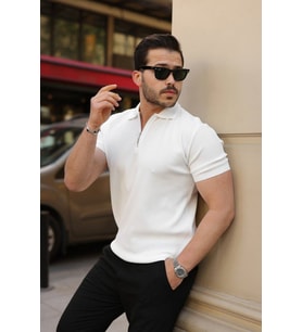 Erkek Fermuarlı Yakalı Kısa Kollu Tshirt