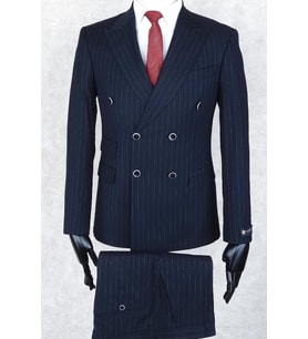 Jan Carlucci Slim Fit Geniş Sivri Yaka-Çift Yırtmaç Lacivert Çizgili Çift Cep Kruvaze Drop 6 Takım Elbise