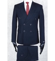 Jan Carlucci Slim Fit Geniş Sivri Yaka-Çift Yırtmaç Lacivert Çizgili Çift Cep Kruvaze Drop 6 Takım Elbise