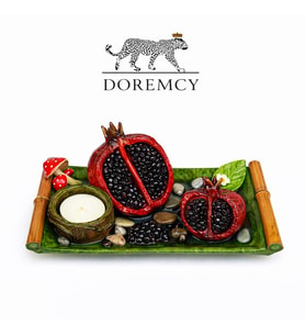 Doremcy Nar Mumluklu Dekoratif Tepsi 17x11 cm Polyester Döküm Biblo Seti (Yeşil)