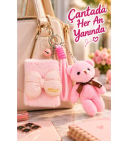 Peluş Fiyonk Detaylı Cep Aynası Anahtarlık Ve Peluş Ayıcık Set – Kawaii Çanta Charmı Makyaj Aynası-P