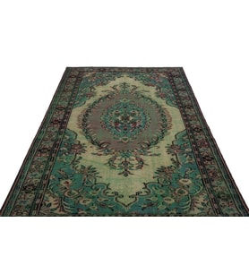 Mint Yeşili El Dokuma Salon Halısı Vintage Stil Madalyon Desenli Düz Dokuma Yün Eskitme