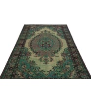 Mint Yeşili El Dokuma Salon Halısı Vintage Stil Madalyon Desenli Düz Dokuma Yün Eskitme