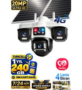 Trio-479 4G SIM Kartlı Solar Güvenlik Kamerası 4 Kameralı Çift Panel Gece Görüşlü 1 Yıl 240 GB Dahil