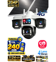 Trio-479 4G SIM Kartlı Solar Güvenlik Kamerası 4 Kameralı Çift Panel Gece Görüşlü 1 Yıl 240 GB Dahil