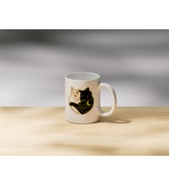 Kalp Şeklinde Siyah Beyaz Kedi Çift Taraflı Baskılı Porselen Kupa Bardak