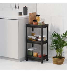 Peggy 3 Katlı Tekerlekli Raf Ünitesi - 36x71x23 cm Dar Alan Düzenleyici - Mutfak ve Banyo İçin Aletsiz Kurulum Servis Arabası (Beyaz - Siyah - Gri) (SİYAH)