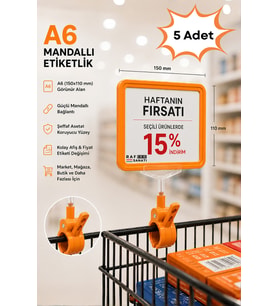 5 Adet - A6 Fiyatlık Mandallı Etiketlik Sepet Raf Askılık Fiyat Etiketi Çerçeveli Market Mağaza Turuncu