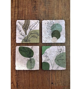 Doğal Taş Bardak Altlığı 4'lü Set - Yeşil Modern Desenler Baskılı Stone Coasters