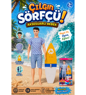 Çılgın Sörfçü Erkek Oyuncak Bebek 30 cm - Sörf Tahtası Aksesuarlı Hareketli Figür