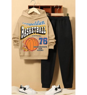 Basketball Baskılı Çocuk Rahat Eşofman Takımı (Bej)