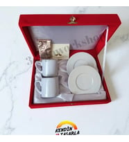 Kişiye Özel Kadife Kutulu Beyaz Renk Klasik Kulp Fincan Takımı 2li (Not Yazılabilir)