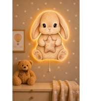 Ahşap Tavşan Ledli Gece Lambası Bebek Çocuk Odası-Yıldız Sticker Hediyeli