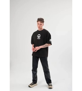 pilelistore- Unisex Bisiklet Yaka Baskılı Oversize T-Shirt - Siyah
