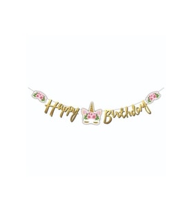 Kaligrafi Banner Çiçekli Unicorn Happy Bırhtday M39