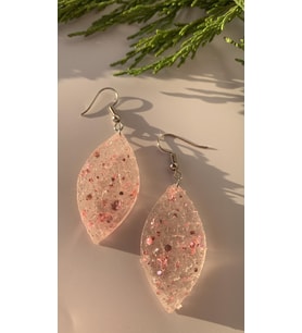 Şeffaf Epoksi İçine Pembe Glitter Süsleme Kristal Desen Elips Şekil Gümüş Aksesuarlı Küpe El Yapımı