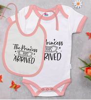BK Kids The Princess Has Arrived Tasarımlı Pembe Bebek Body Zıbın ve Mama Önlüğü Hediye Seti-1