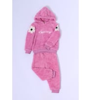KIZ ÇOCUK PELUŞ ALT-ÜST TAKIM ÇİÇEK BASKILI KAPŞONLU D25 (Pembe)