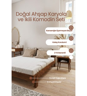 Damla Model 2 Başlıklı Masif Ahşap Karyola ve 2 Adet Komodin Kolay Kurulum Fırınlanmış İthal Sibirya Çamı 100x200 Yatak Uyumlu 2 Adet Komodin