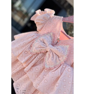 Dantel ve Büzgü Süslemeli Kız Çocuk Bebek Fisto Pamuk Abiye Pudra Pembe Somon Elbise (A.Pembe)