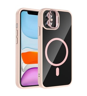 Coverzone iPhone 11 ile Uyumlu Z-Etro MagSafe Wireless ?arj Destekli, G��l� Manyetik Tutucu, Stand Olabilen, Kamera Lens Hediyeli Koruyucu K?l?f Pembe