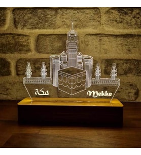 Mekke Saat Kulesi Figürlü Dekoratif Hediye Led Masa Lambası 7 Işık Rengi Ahşap Taban (Karışık)