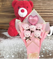 Premium 35 cm Peluş Ayı ve Kalp Balonlu Romantik Pembe Peluş Ayıcık Buketi (Kırmızı)