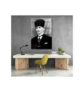 Dikey Cam Siyah Beyaz Atatürk Tablosu Cam Ofis Ev Tablosu Duvar Dekoru