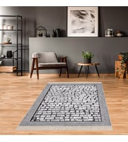 Taş Döşeme Desen Çerçeveli Dijital Baskı Yıkanabilir Kaymaz Taban Modern Salon Halısı ve Yolluk (Gri)