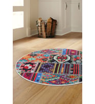 Dijidekor Halı Çok Renkli 9010 Yıkanabilir Yuvarlak Kesme İnce Yolluk Kilim Salon Halısı Modelleri (Çok Renkli-Multı)