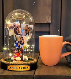 Kişiye Özel Tasarım Led Işıklı Fanus ve Turuncu Kupa Bardak Hediye Seti (Model 10)