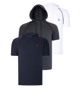 ÜÇLÜ SET T8570 DEWBERRY KAPŞONLU ERKEK T-SHIRT-LACİVERT-ANTRASİT-BEYAZ