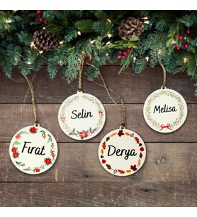 Kişiye Özel MDF 4 lü set Yılbaşı Ağaç Süsü – İsimli Dekoratif Yuvarlak Süs 9 cm