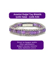 SERTİFİKALI Ametist Doğal Taş Bileklik Çelik Halat Çelik Kilit