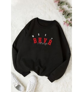 Unisex Bhvr Baskılı Bisiklet Yaka Sweatshirt (Siyah)