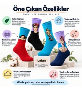 Giyim Unisex Çorap Sanat Temalı Renkli 7'li Set Portre Tablo Desenli Uzun Soket Günlük Eğlenceli Çor