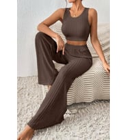 Nare Kahverengi Crop Bluz Pantolon Alt Üst Takım (Kahverengi)