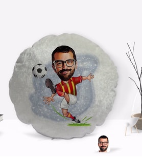 BK Gift Kişiye Özel Sarı Kırmızı Futbolcu Karikatürlü Yuvarlak Dekoratif Kırlent Yastık-1
