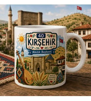 Kırşehir Temalı Hediyelik Kupa Bardak - 40 Plaka Ahilik Başkenti Geleneksel El Boyaması Tarzı Özel Tasarım Kupa