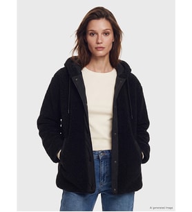LCW Modest Siyah Kapüşonlu Oversize Kadın Pelüş Mont