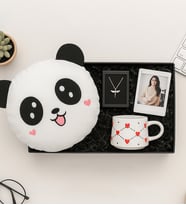 Kişiye Özel Fotoğraflı Çerçeve,Melek Kolye,Kalpli Fincan Ve Panda Yastık Hediye Seti (Kırmızı)