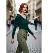 Kadın Devrik Yaka Fitted Fitilli Triko Bluz Uzun Kol Crop Boy İlkbahar Sonbahar Günlük Şıklığı