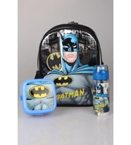 TEK BÖLMELİ KÜÇÜK BOY 32 CM YENİ SEZON LİSANSLI BATMAN ANAOKUL ÇANTASI,BESLENME KABI VE 500 ML TRITAN MATARA OKUL SETİ (Siyah)