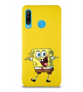 Huawei P30 Lite Soft Premier Kapak Sünger Bob Tasarımlı Silikon Kılıf - Sarı (Şeffaf)