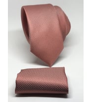 Toz Pembe Renk Mendilli Slim Fit Oxford Kuş Gözü Desen Kravat