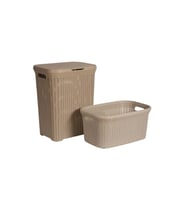 2'li Set Hasır Desenli Plastik Bej Çamaşır Sepeti & Bej Çamaşır Selesi