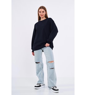 Lacivert Kadın Pamuklu Oversize Basic Bisiklet Yaka Sweatshirt
